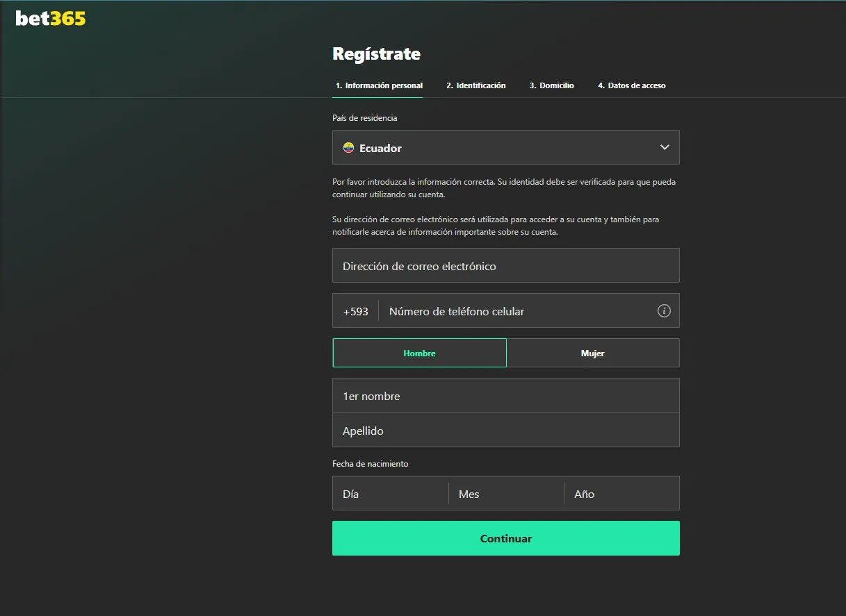 Formulario de registro por etapas de bet365 Ecuador