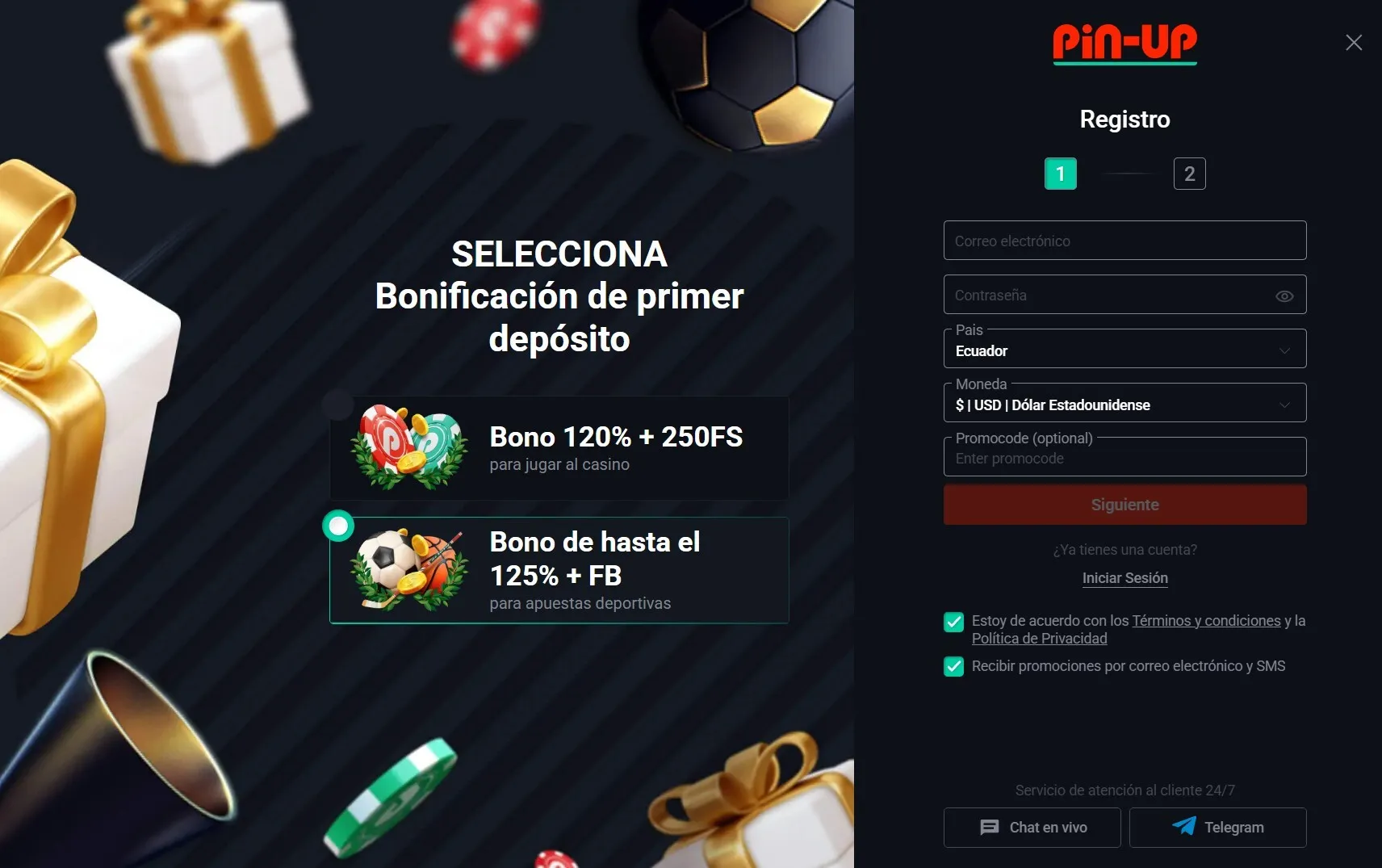 Formulario de registro en dos partes de Pin-Up Ecuador